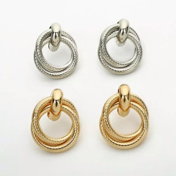 Silver Double Circle Drop Earrings - Picture 5 of 6